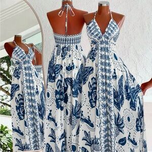 Blue and White Halter Maxi Dress